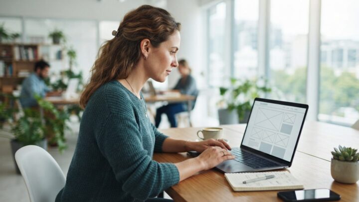 Iværksætter opretter hjemmeside til nyt firma på bærbar computer