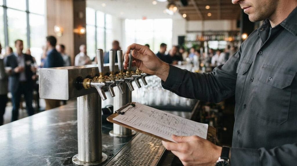 Close-up of a professional checking draft beer tap system sp