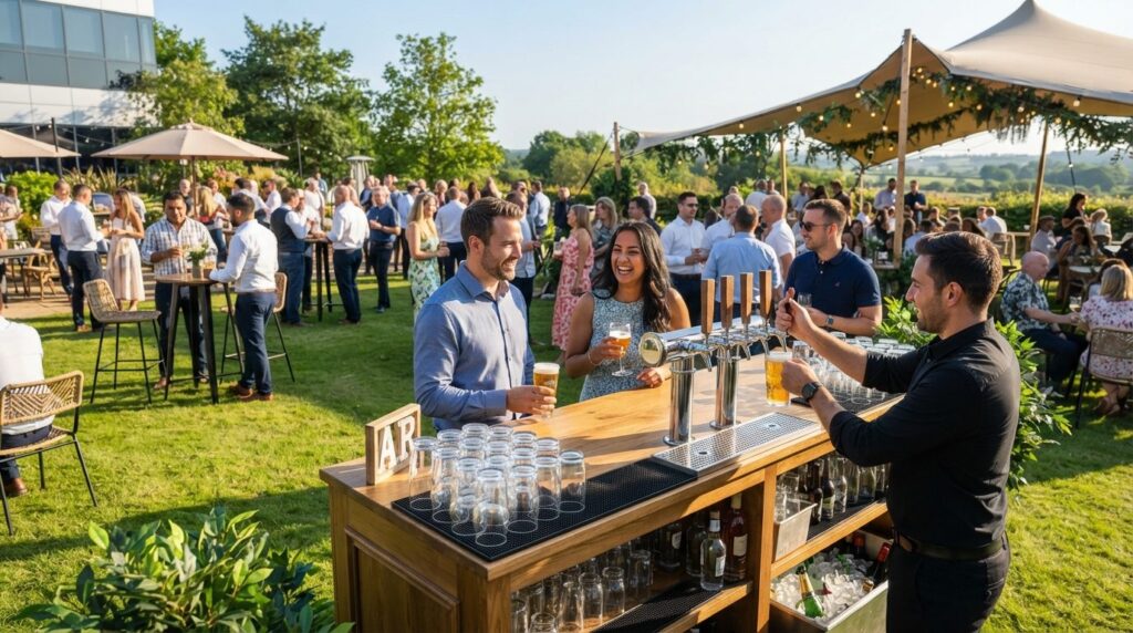 Wide shot of corporate summer party with multiple guests enj