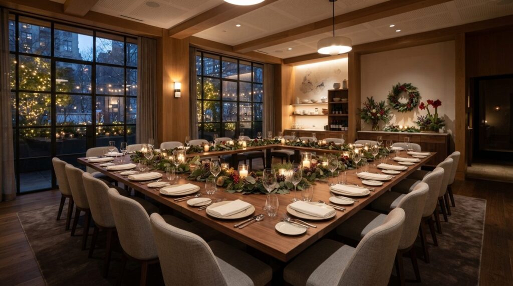 Wide shot of an elegant private dining room in a upscale res