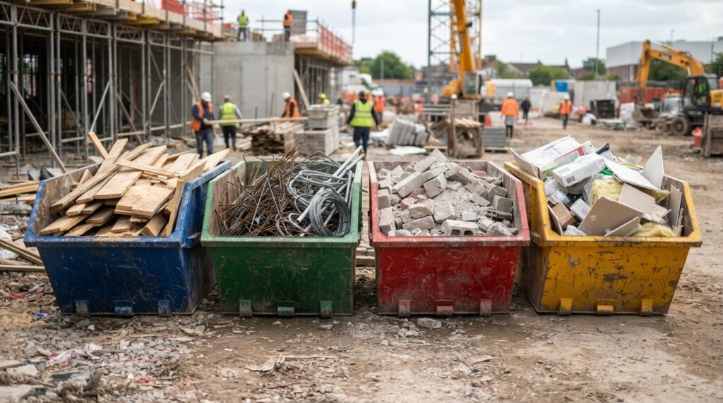 Close-up photorealistic view of color-coded waste separation