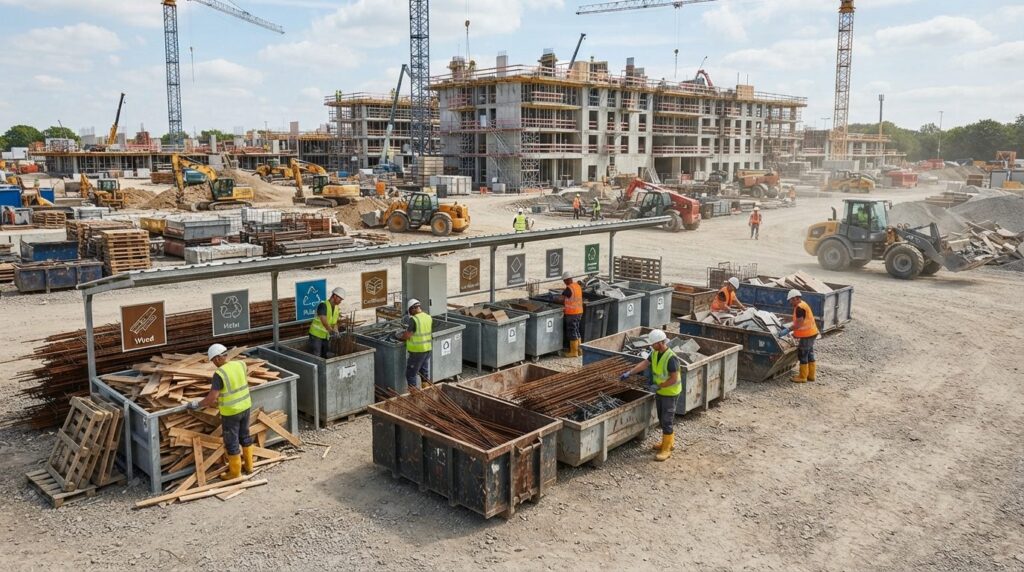Wide photorealistic shot of a busy construction site with or