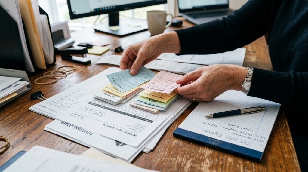 Close-up photorealistic image of hands organizing business r