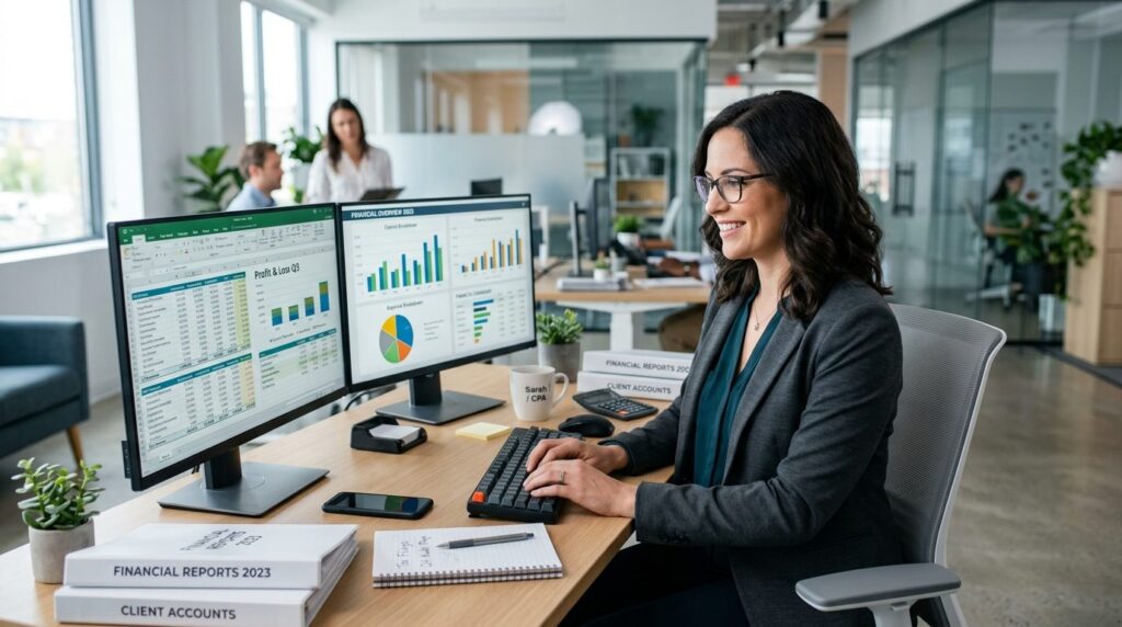 Photorealistic image of a confident female bookkeeper or acc