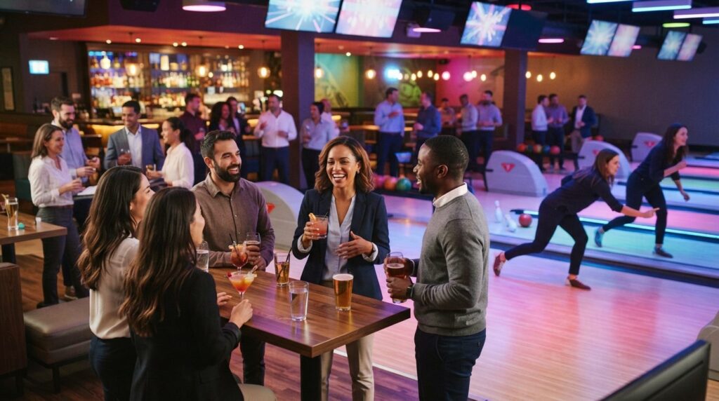 Corporate team building bowling night with diverse business 
