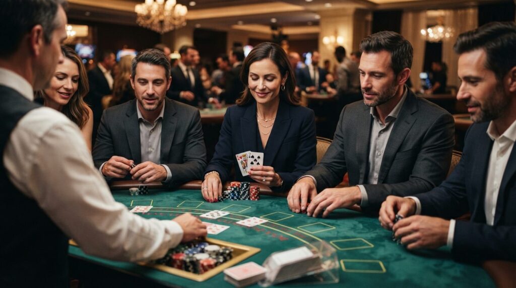 Close-up of business executives playing blackjack at company