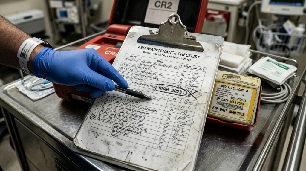 Close-up professional shot of a defibrillator maintenance ch