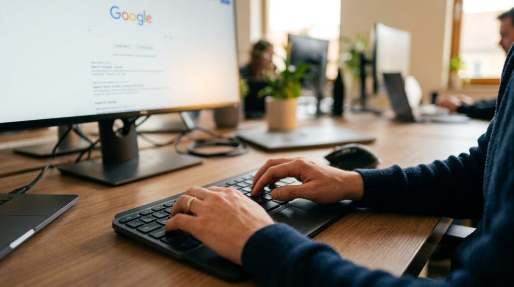 Close-up of hands typing on keyboard with Google search inte
