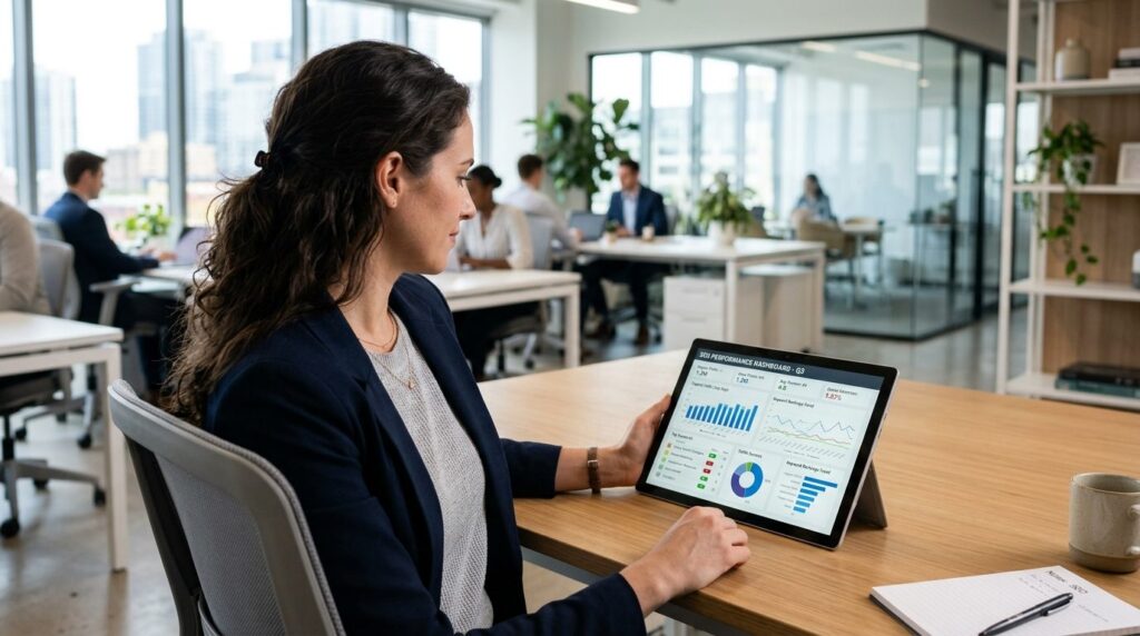 Entrepreneur in casual business attire reviewing SEO metrics