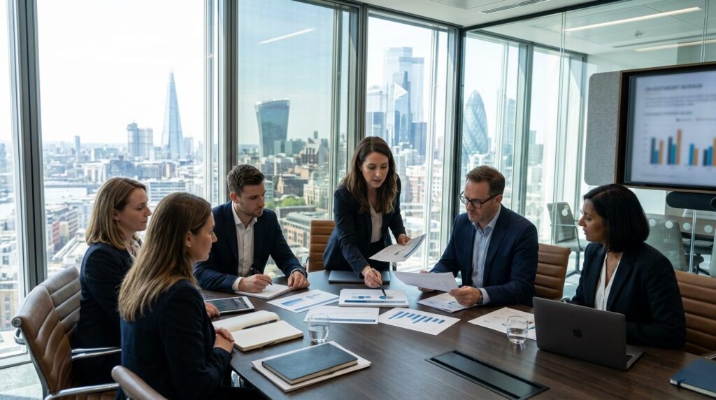 Business meeting in modern office space with floor-to-ceilin