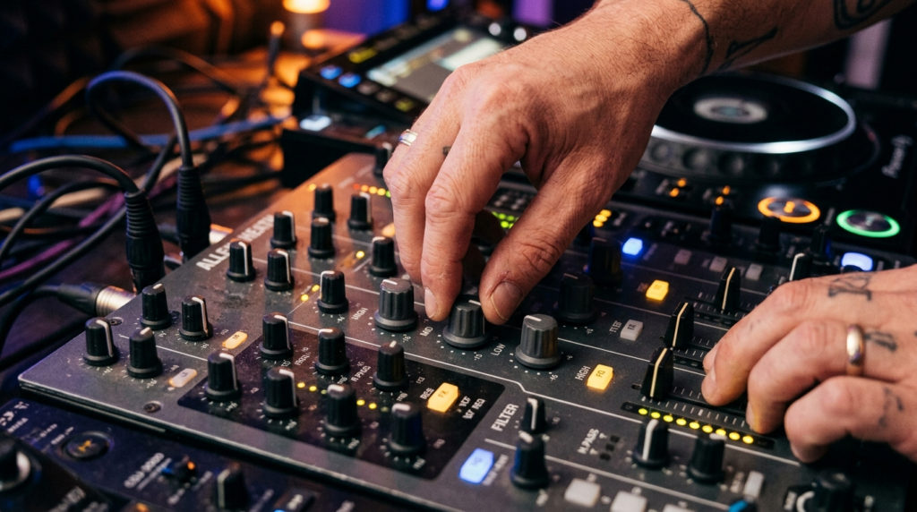 Close-up detail shot of experienced DJs hands adjusting eff