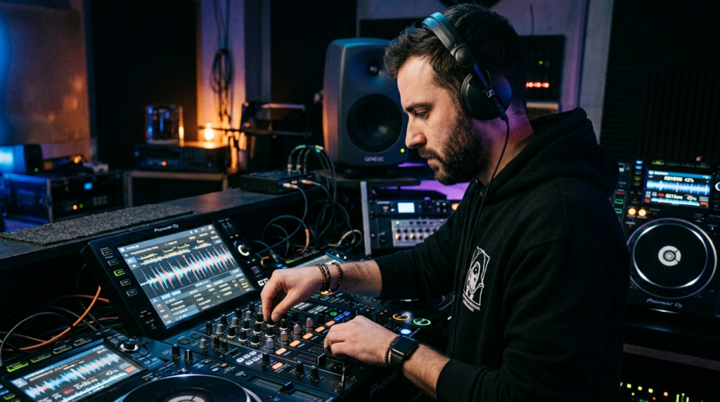 Profile view of focused DJ performer with headphones, studyi