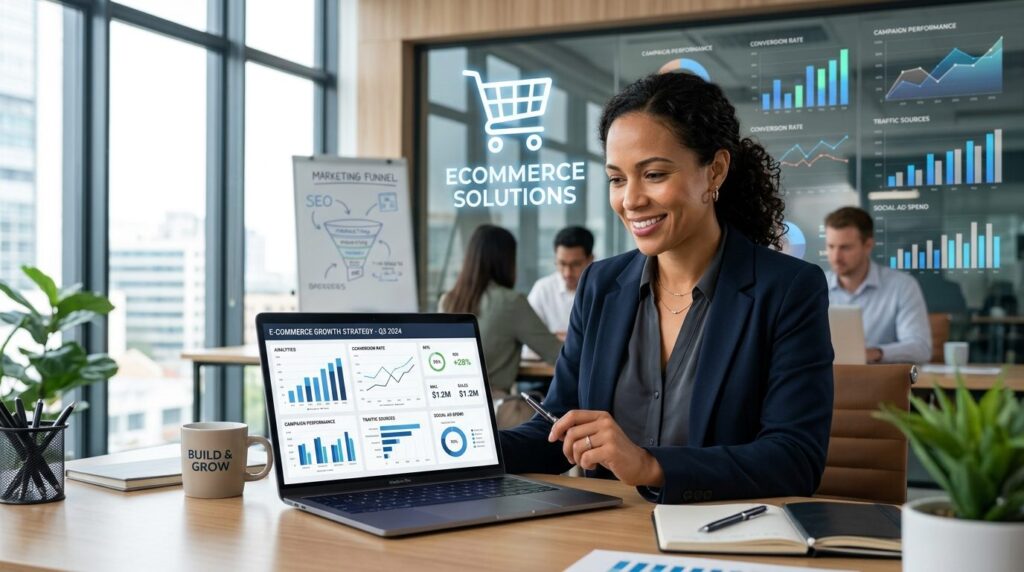 Confident e-commerce business owner in modern office reviewi