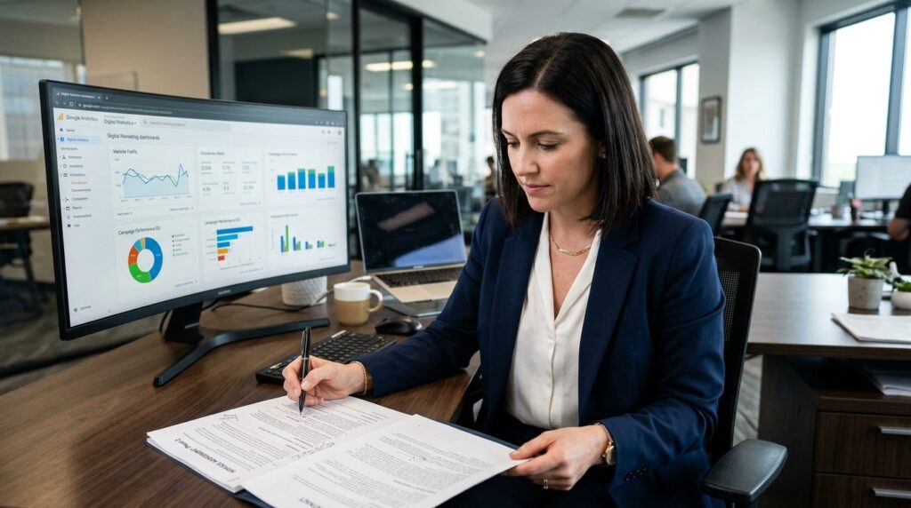Confident professional woman in business attire reviewing a