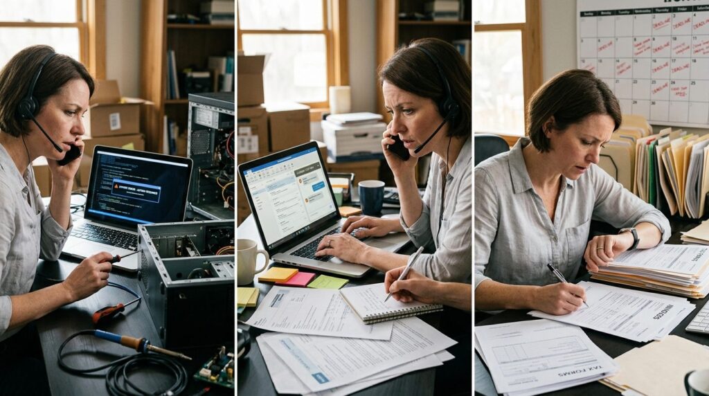 Split screen composition showing busy entrepreneur juggling 