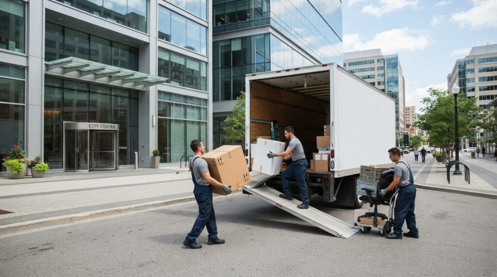 Professional stock photo of moving truck parked outside a mo