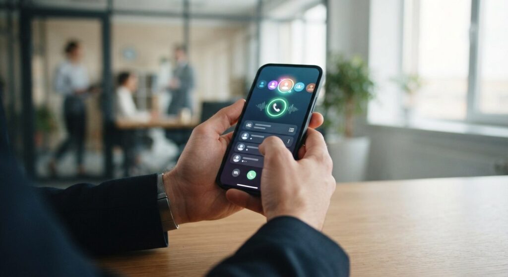 Close-up of hands holding smartphone displaying call queue i