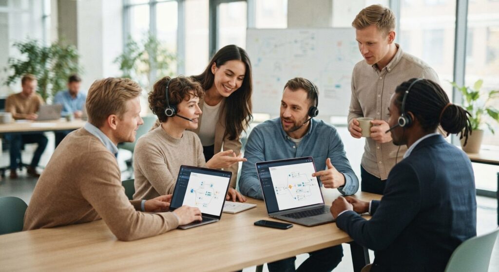 Small business team in casual meeting around desk with heads