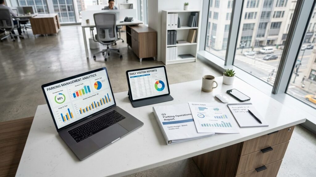 High-angle view of a facility managers desk with laptop, ta