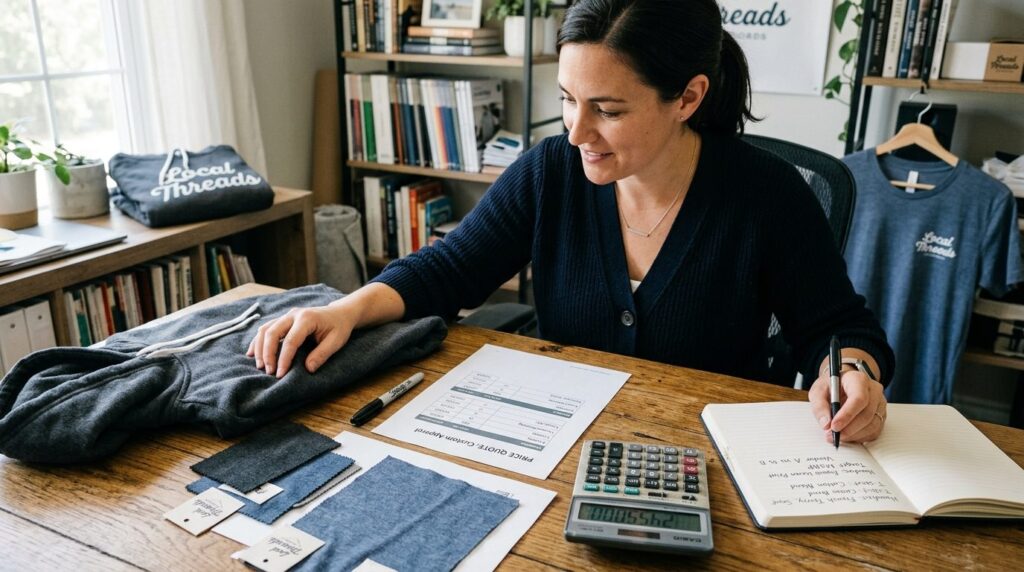 Close-up shot of a small business owner reviewing price quot
