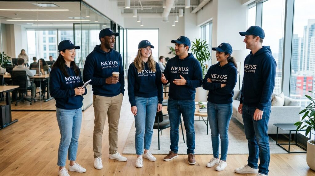Entrepreneur team wearing matching branded company hoodies a