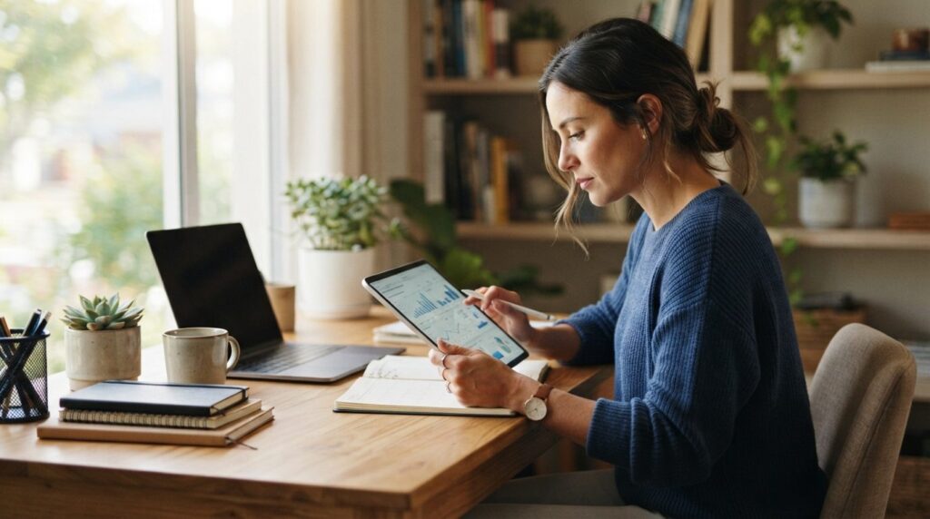 Female small business owner reviewing Google Ads costs and c