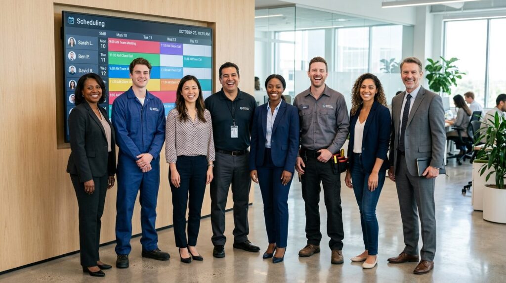 Diverse group of employees in work uniforms and business att