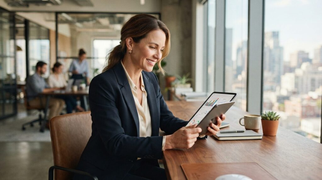 Female business professional reviewing SEO ranking improveme