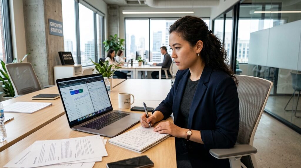 Young female entrepreneur working at startup office space, l