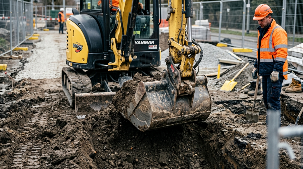 Close-up professional shot of mini excavator bucket digging 