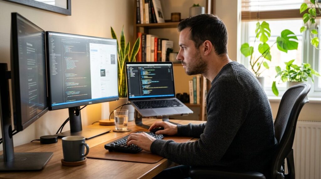Close-up professional photograph of a male freelancer workin