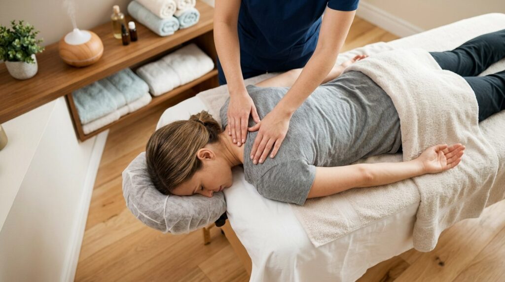 Overhead professional photograph of a therapeutic massage se