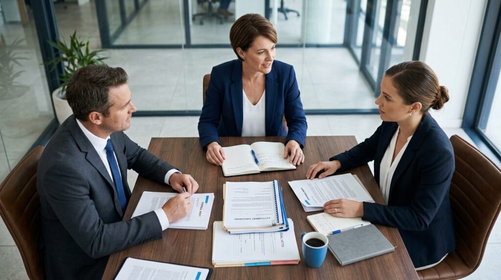 Overhead shot of a meeting table with a mediator or counselo