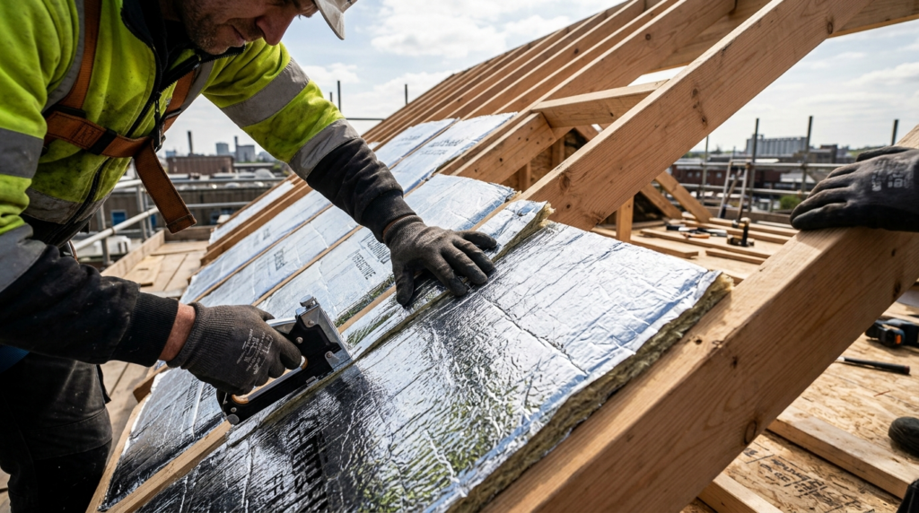 Close-up photorealistic shot of reflective insulation materi