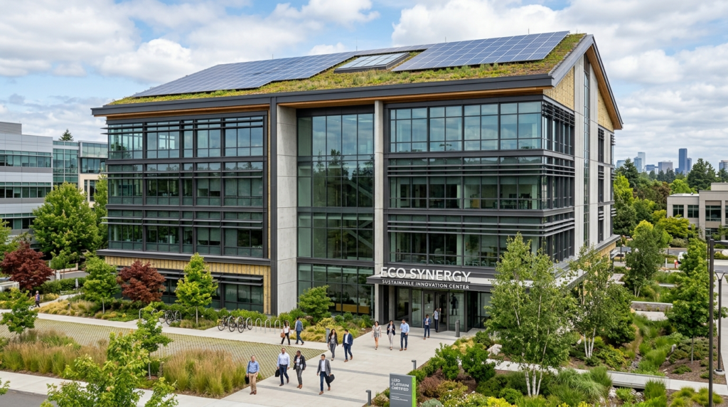 Photorealistic image of a sustainable modern commercial buil