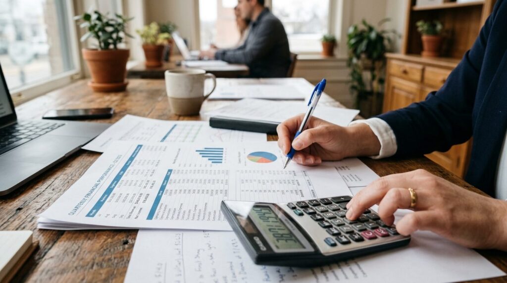 Close-up photograph of hands holding financial reports and c