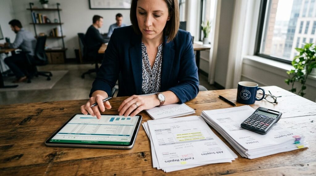 Close-up overhead shot of business owner analyzing financial