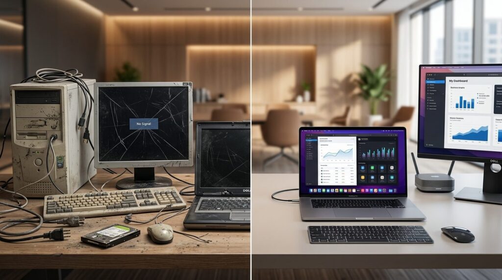 Split-screen conceptual business photo: left side shows worn