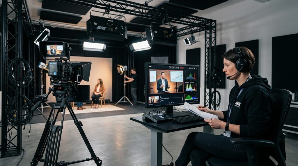 Video production setup in a professional studio with camera