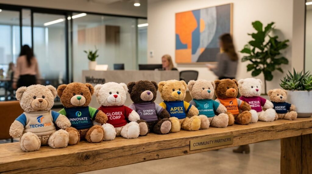 Group of corporate branded plush bears with different compan