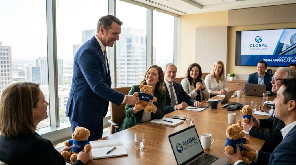 Business executive presenting branded teddy bears as corpora