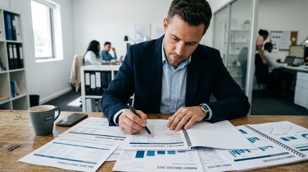 Close-up of entrepreneur reviewing competitor financial stat