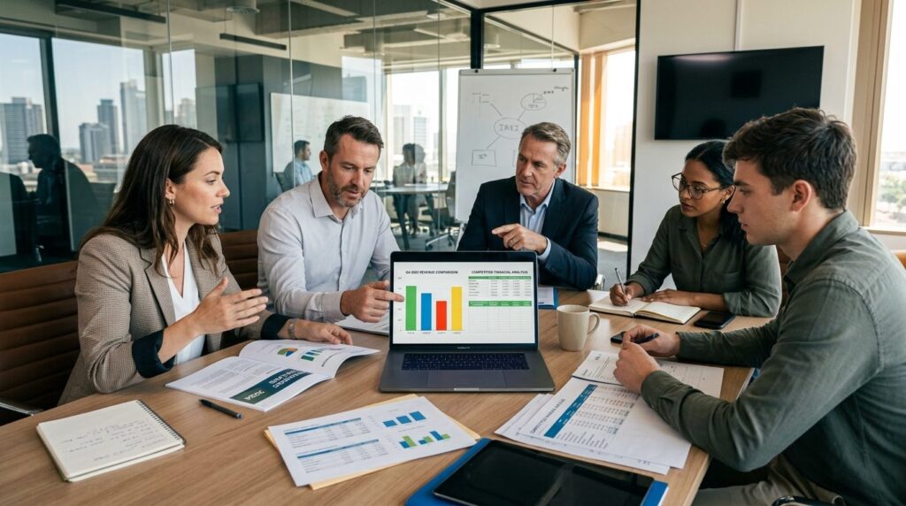 Team of business professionals gathered around table compari