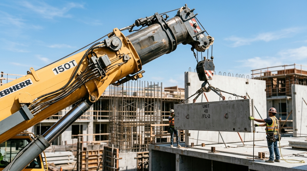 Close-up photorealistic view of a mobile cranes hydraulic a