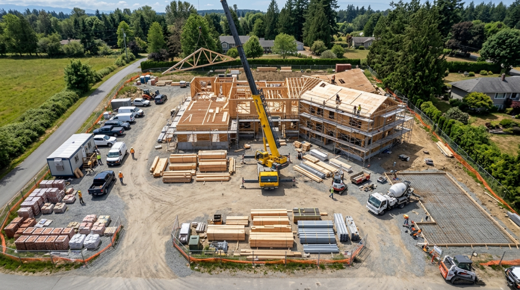 Aerial photorealistic perspective of a construction site for