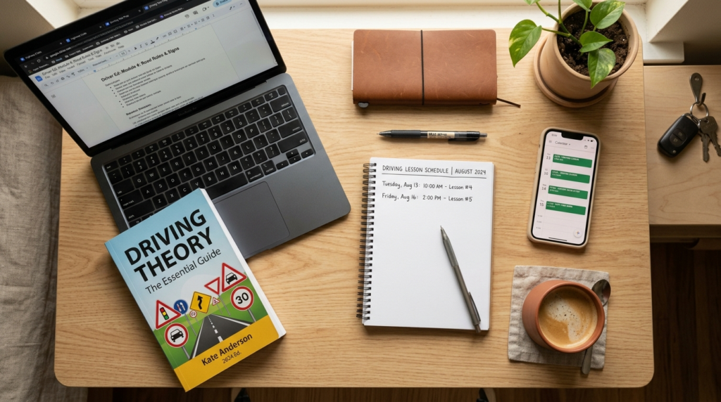 Overhead flat-lay composition of a young persons desk showi