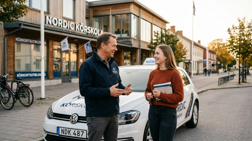Professional photograph of a driving instructor and young st