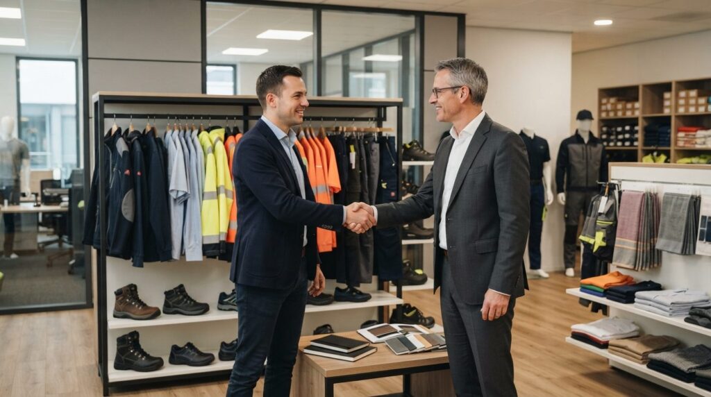 Business owner and clothing supplier shaking hands in modern