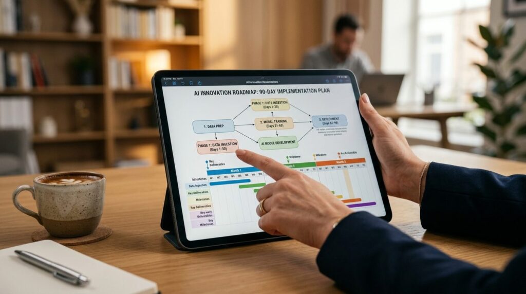 Close-up of business professionals hands pointing at tablet
