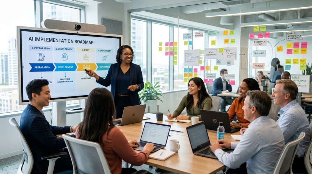 Mid-level manager presenting AI implementation roadmap to te